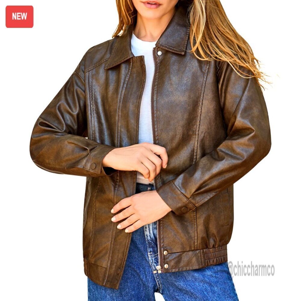 Oversized Faux Leather Bomber Jacket Street Style Casual Zip Up Coat